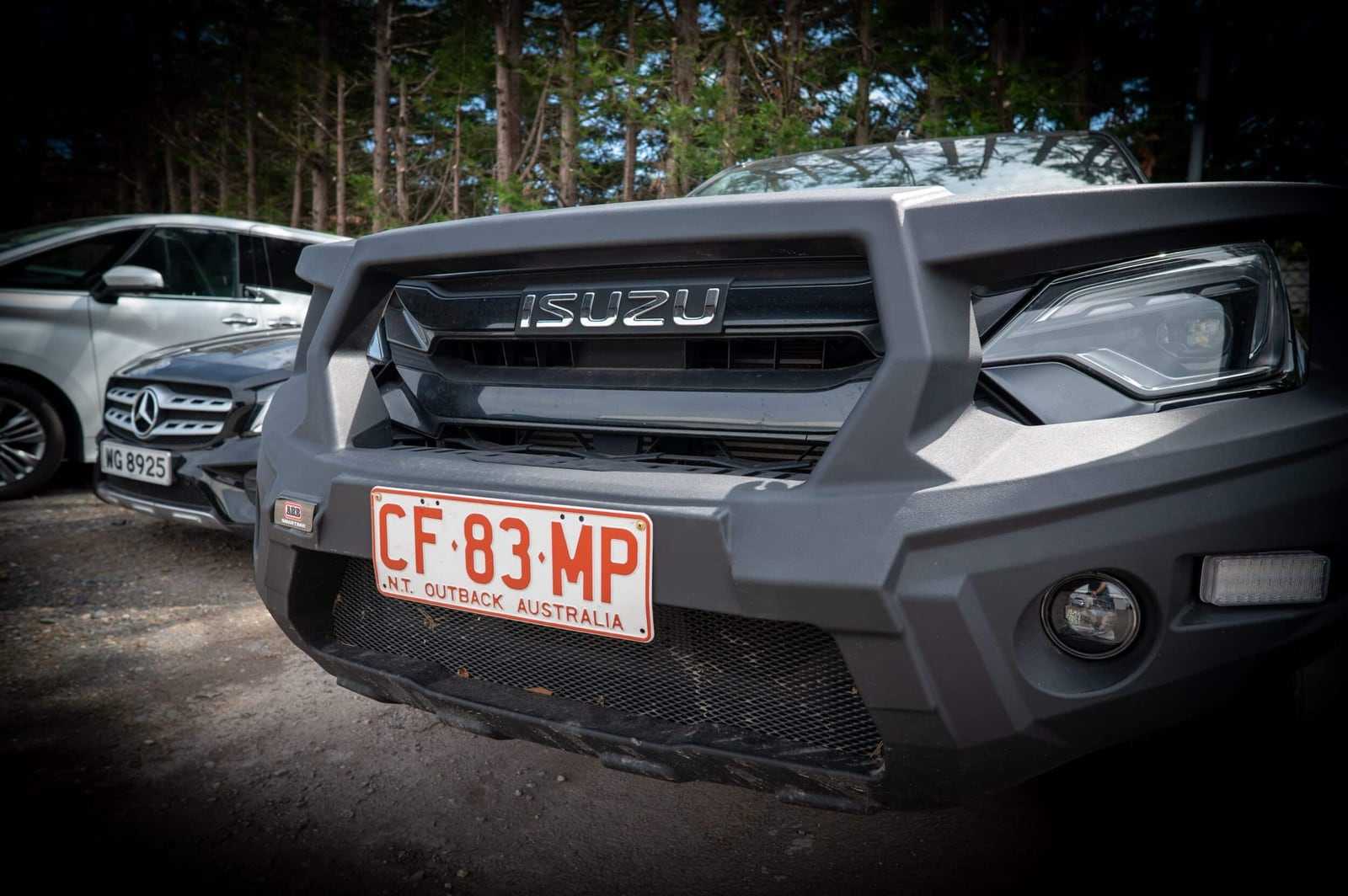 A grey Isuzu D-Max with a steel bull bar, on Australian plates in our yard